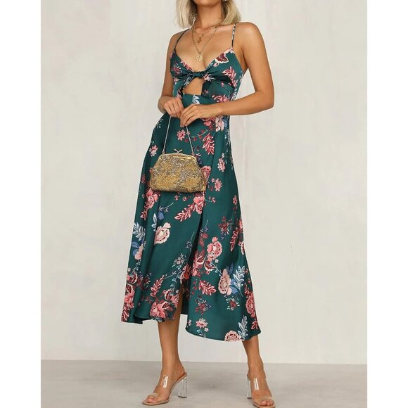 Women Satin Midi Dress Floral Tie Front Backless Split Boho Casual - Picture 4 of 5